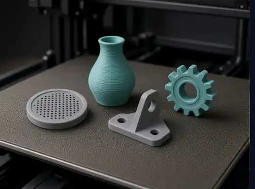 3D-printed vase, gear, bracket and grille on a print bed