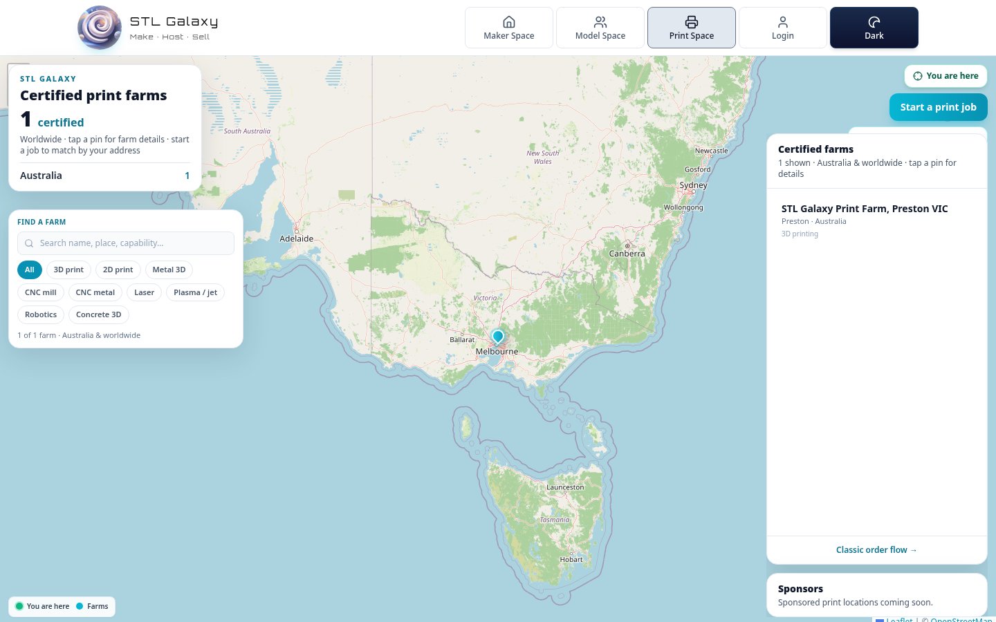 Certified print farms on the live Print Space map